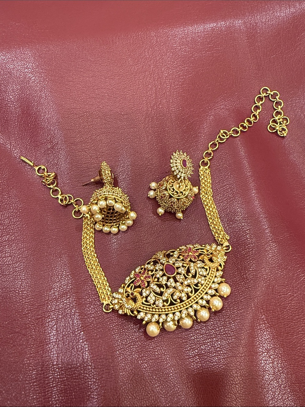 Gold-Tone Floral Pendant Necklace and Earrings Set - Pink Accents